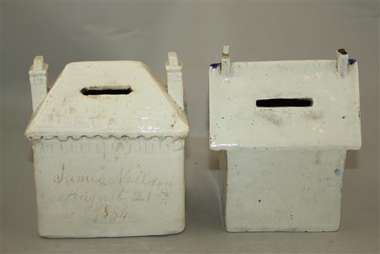 Two rare Yorkshire ceramic cottage money boxes, mid - late 19th century, 15.5cm, latter repaired